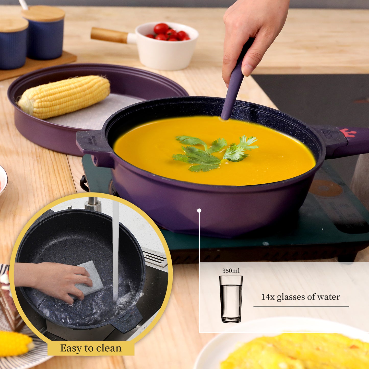 Tiborang 11 inches purple nonstick 5 quarts 8 in 1 multifunctional pan with rounded knob