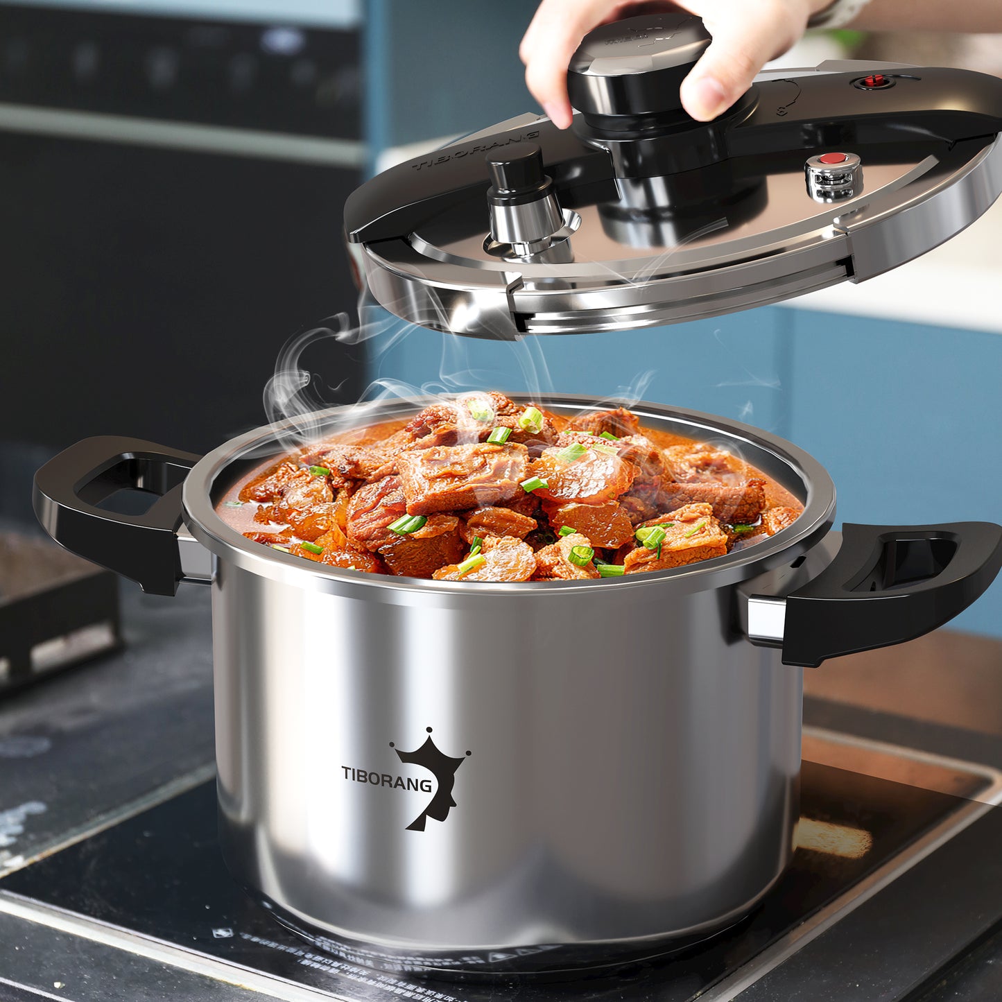 TIBORANG 6 QT Stainless Steel Pressure Cooker, [Multi-Cooker for Gas & Induction Stove] [Saves 70% Cooking Time] [One-Hand Operation], Family Size for 3-5 People, Dishwasher Safe & Oven Safe