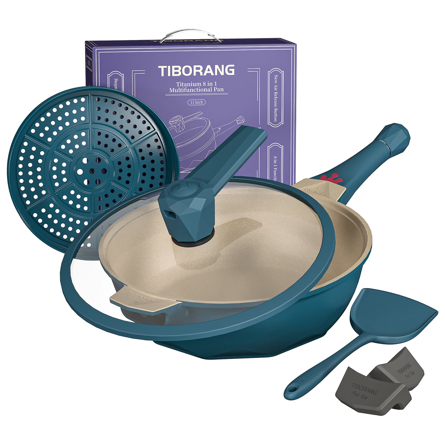 TIBORANG NEW Air Press 8 in 1 Frying Pans Nonstick 11" Frying Pan Skillet with Lid, Steamer for Cooking, All in One Pan Cookware for All Stoves, Woks & Stir-Fry Pans PFAS-Free/PFOA Free
