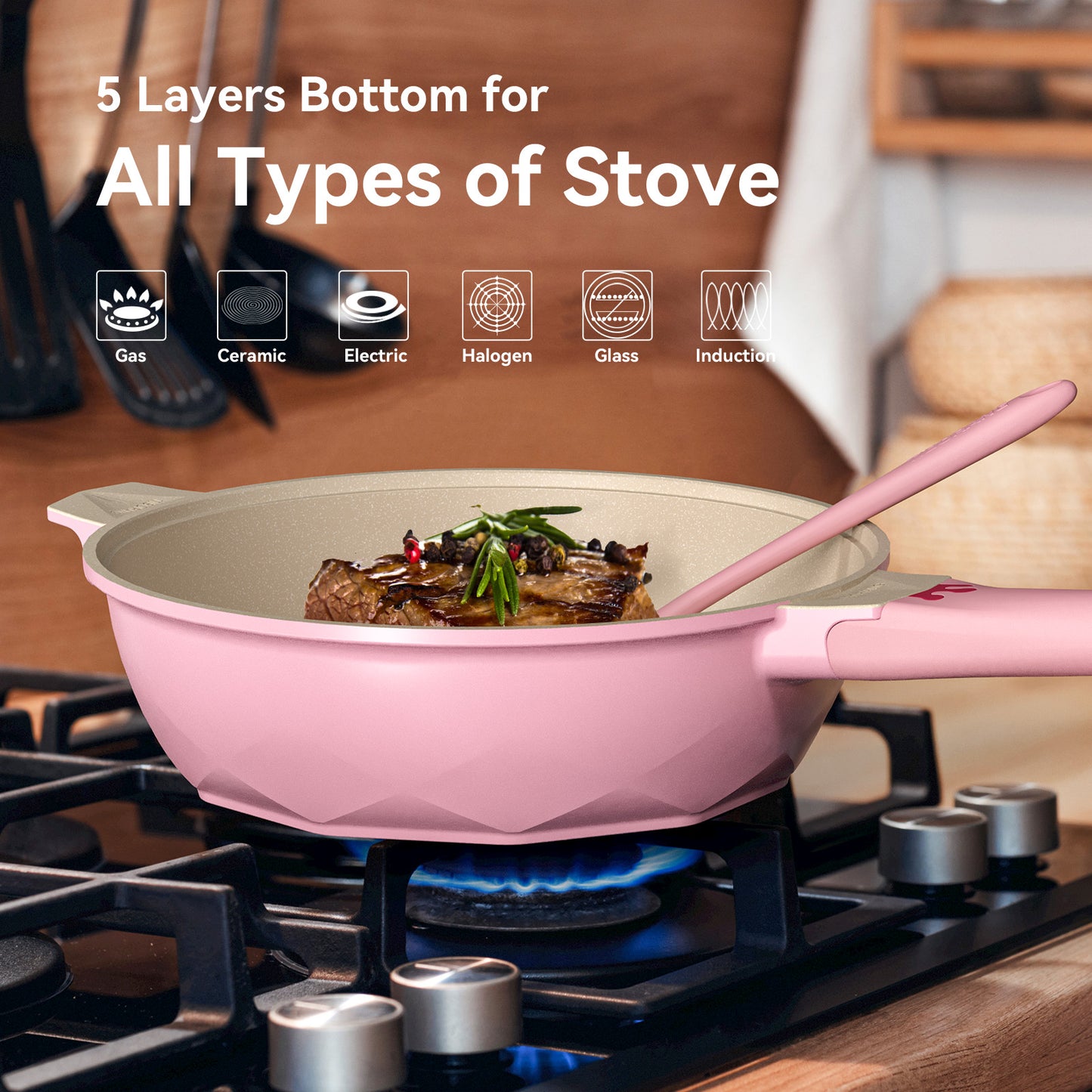 TIBORANG NEW Air Press 8 in 1 Frying Pans Nonstick 11" Frying Pan Skillet with Lid, Steamer for Cooking, All in One Pan Cookware for All Stoves, Woks & Stir-Fry Pans PFAS-Free/PFOA Free