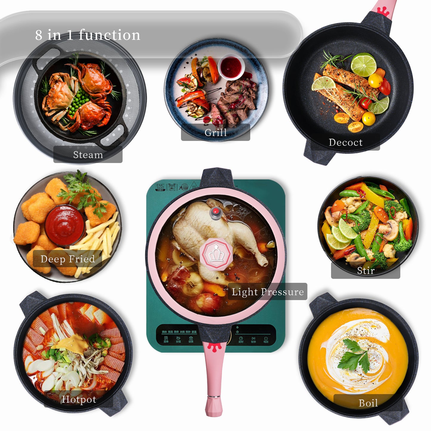 Tiborang 11 inches pink nonstick 5 quarts 8 in 1 multifunctional pan with rounded knob