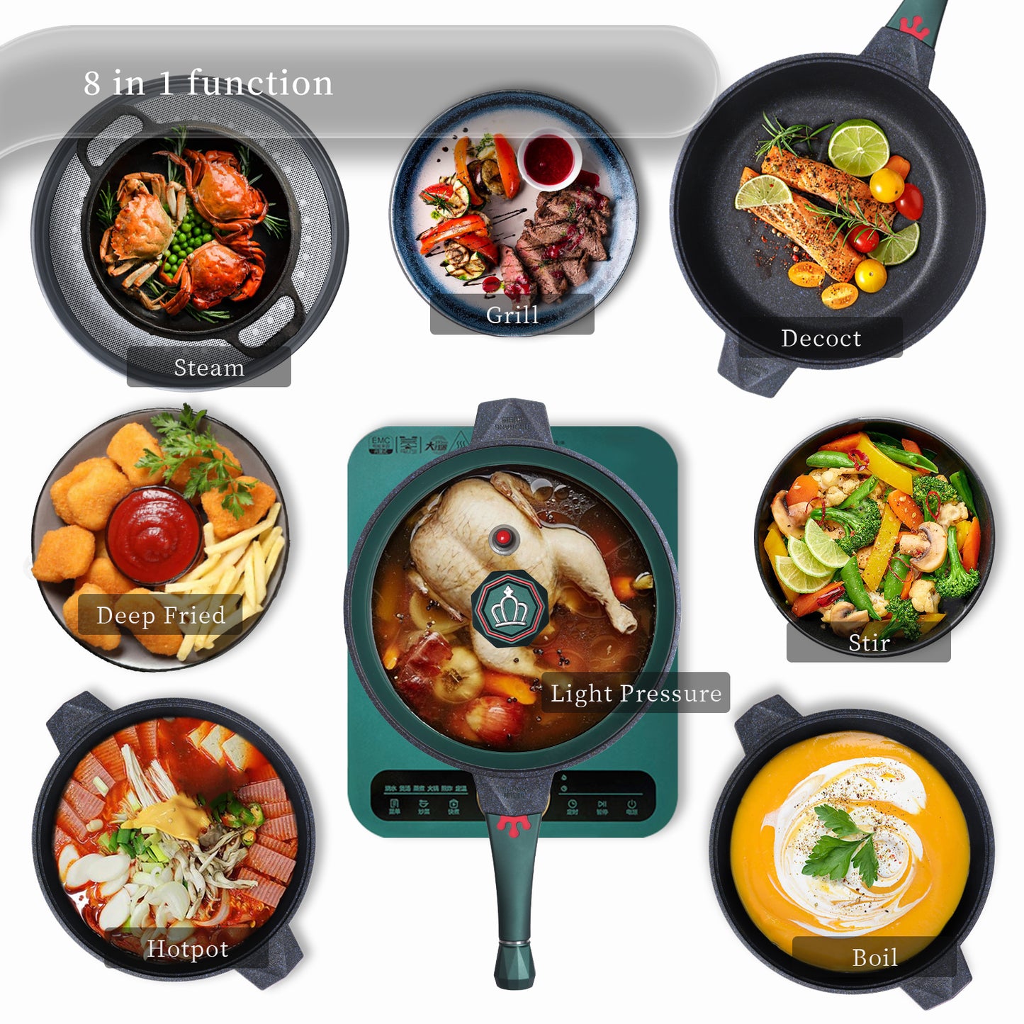 Tiborang 11 inches green nonstick 5 quarts 8 in 1 multifunctional pan with rounded knob