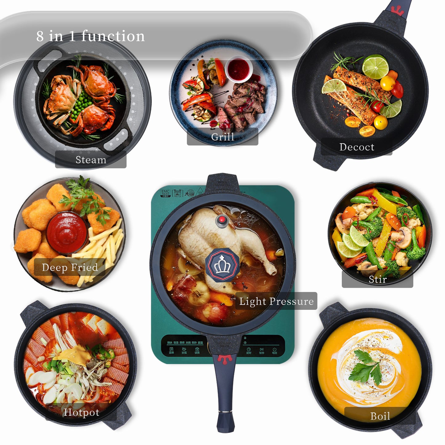 Tiborang 11 inches blue nonstick 5 quarts 8 in 1 multifunctional pan with rounded knob