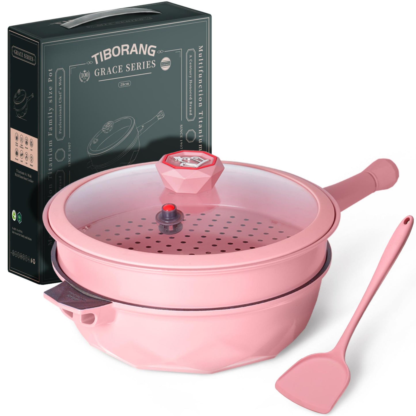 Tiborang 11 inches pink nonstick 5 quarts 8 in 1 multifunctional pan with rounded knob
