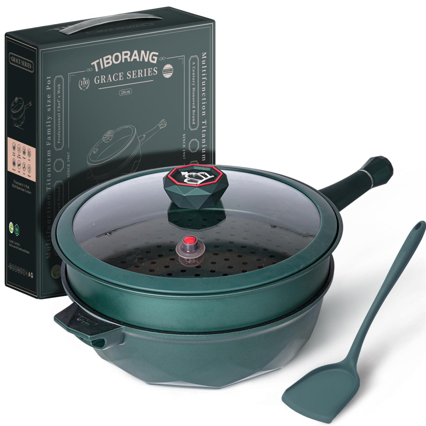 Tiborang 11 inches green nonstick 5 quarts 8 in 1 multifunctional pan with rounded knob