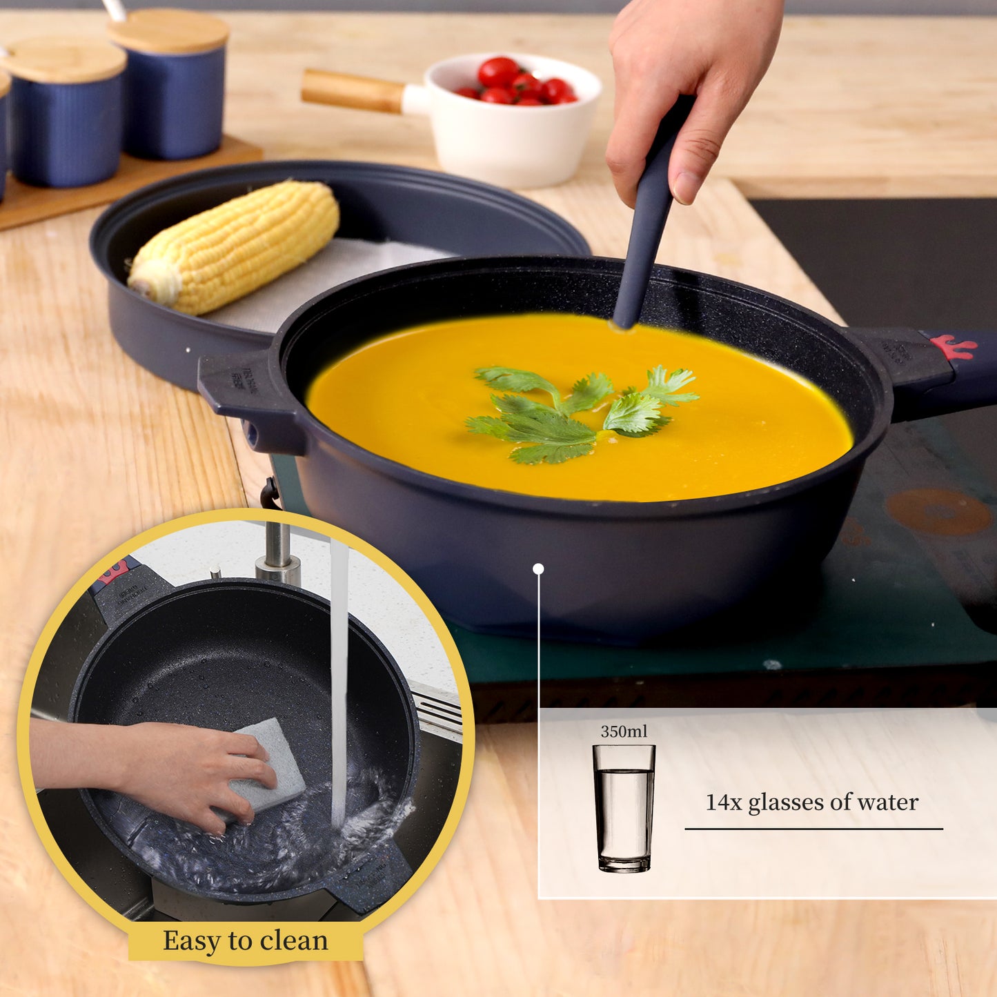 Tiborang 11 inches blue nonstick 5 quarts 8 in 1 multifunctional pan with rounded knob