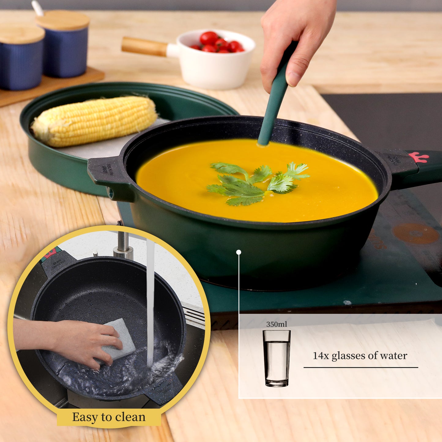 Tiborang 11 inches green nonstick 5 quarts 8 in 1 multifunctional pan with rounded knob
