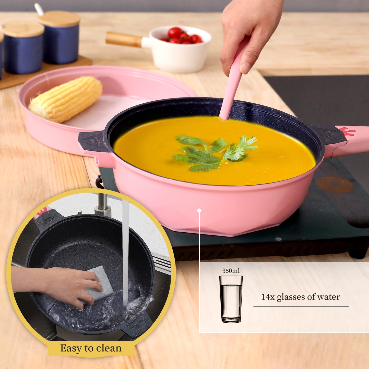 Tiborang 11 inches pink nonstick 5 quarts 8 in 1 multifunctional pan with rounded knob