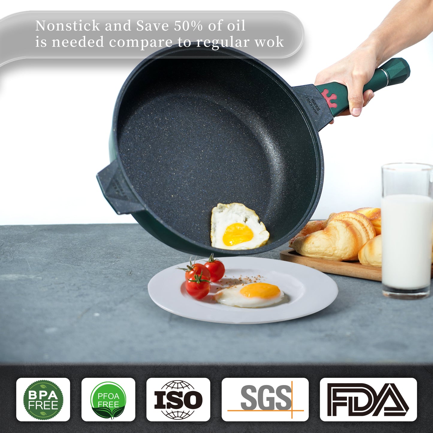 Tiborang 11 inches green nonstick 5 quarts 8 in 1 multifunctional pan with rounded knob